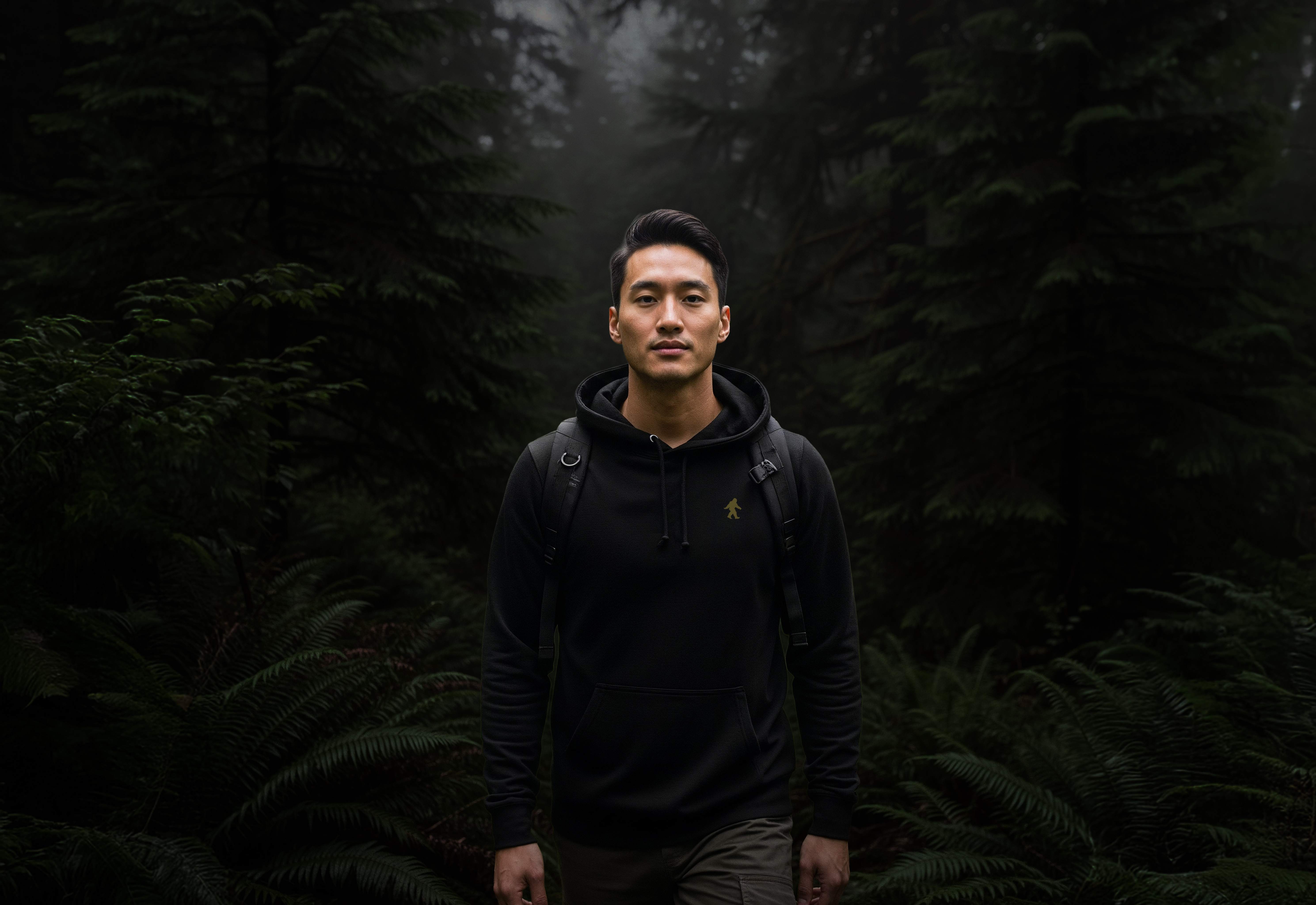 Man in The Real Bigfoot hoodie standing in a misty forest.